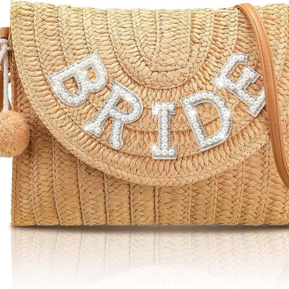 Bride Straw Shoulder Bag Clutch Rhinestone Letter Purse for Weddings Events